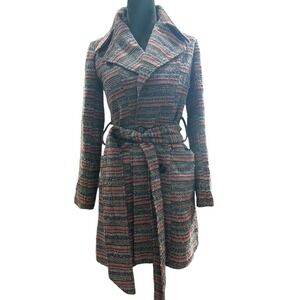 Jack BB Dakota Peacoat Winter Coat Brown Grey Rust Stripe Belt Womens Size XS